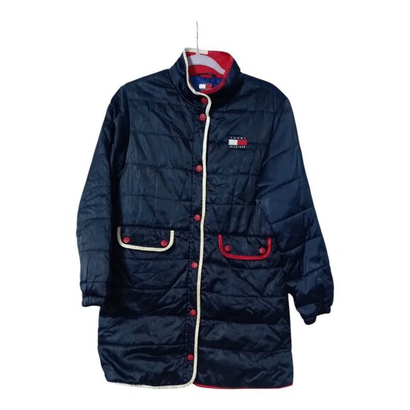 Tommy Hilfiger Puffer Button Down Jacket Women's Size L Blue Red White Vintage - Picture 1 of 13
